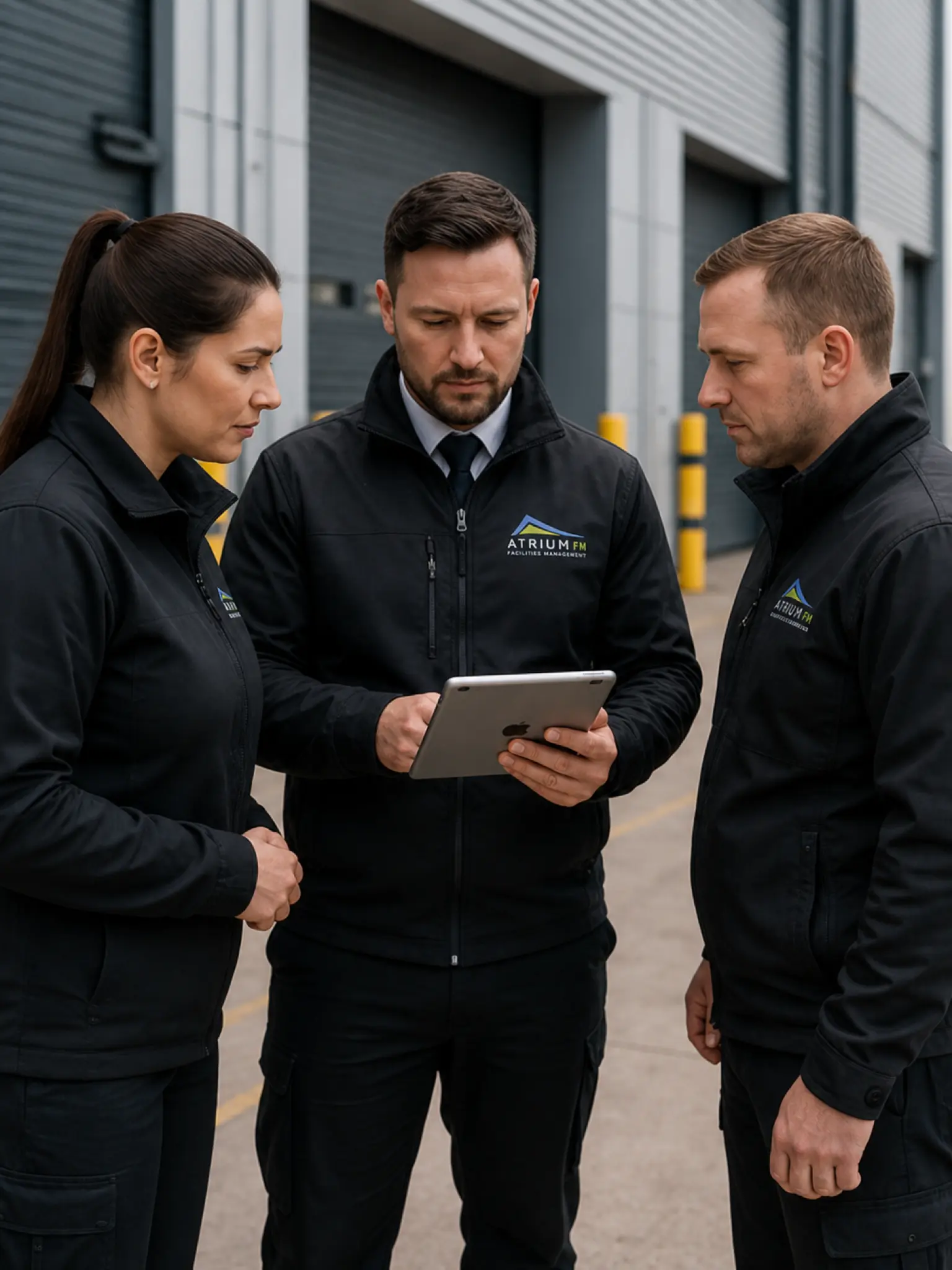 Atrium FM team members reviewing site information with a manager